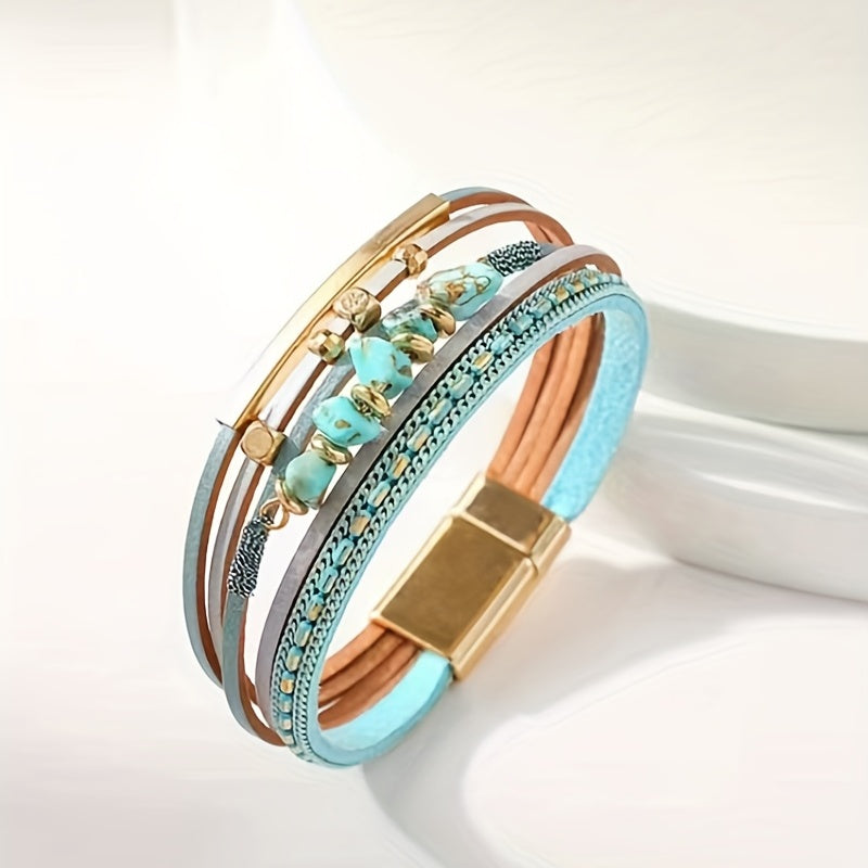 Pulseira Feminina Artesanal Turquesa Irregular Couro Fecho Magnético Boho