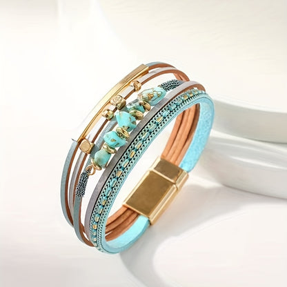 Pulseira Feminina Artesanal Turquesa Irregular Couro Fecho Magnético Boho