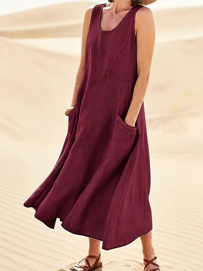 Vestido Longo Linho Casual com Bolsos Decote Redondo Sem Mangas