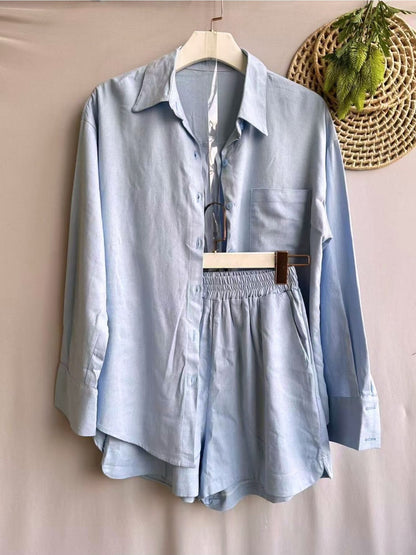 Conjunto Feminino Linho Camisa Manga Longa e Shorts Cintura Elástica Casual