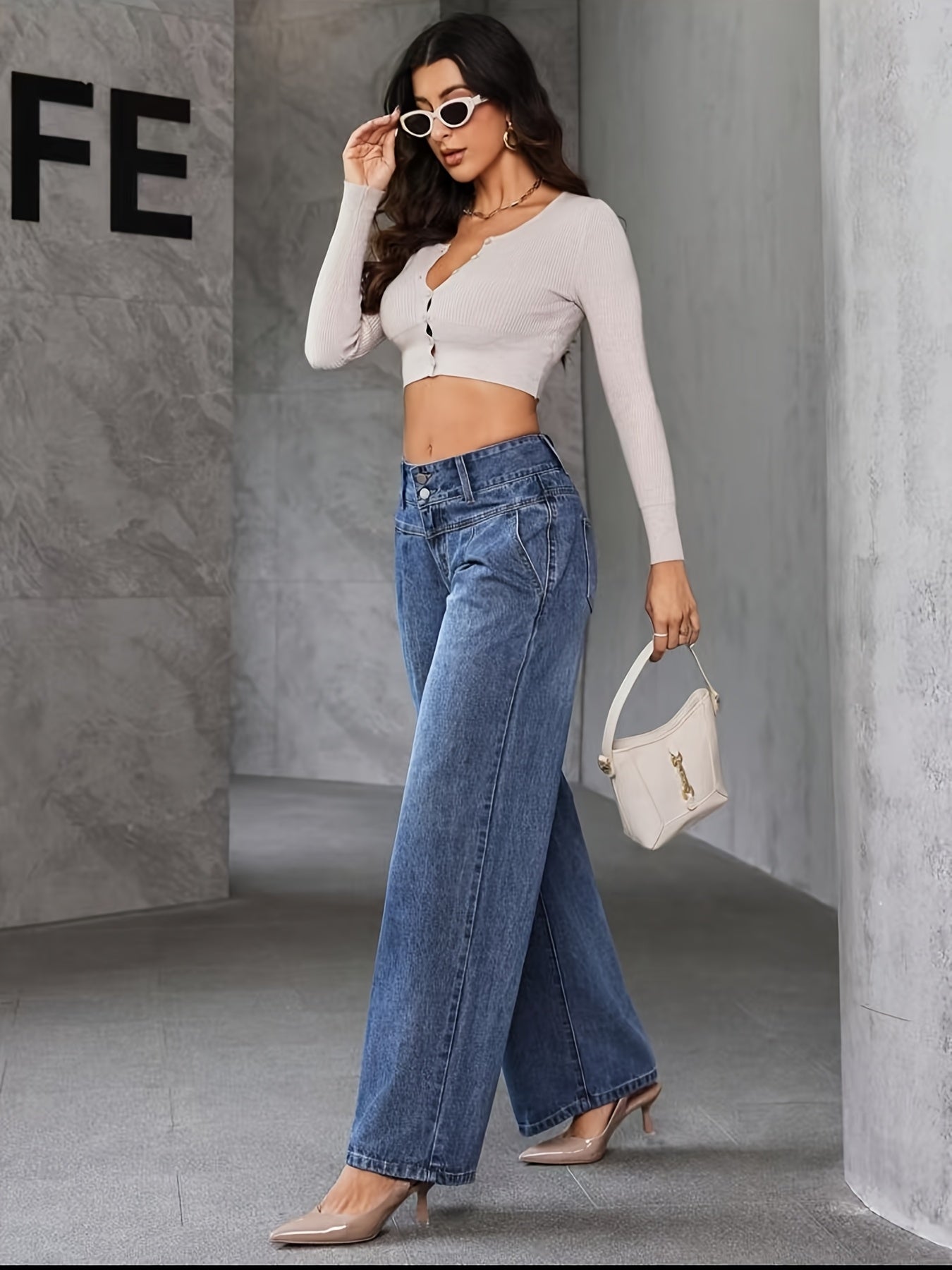Calça Jeans Pantalona Feminina Cintura Alta Reta Elegante