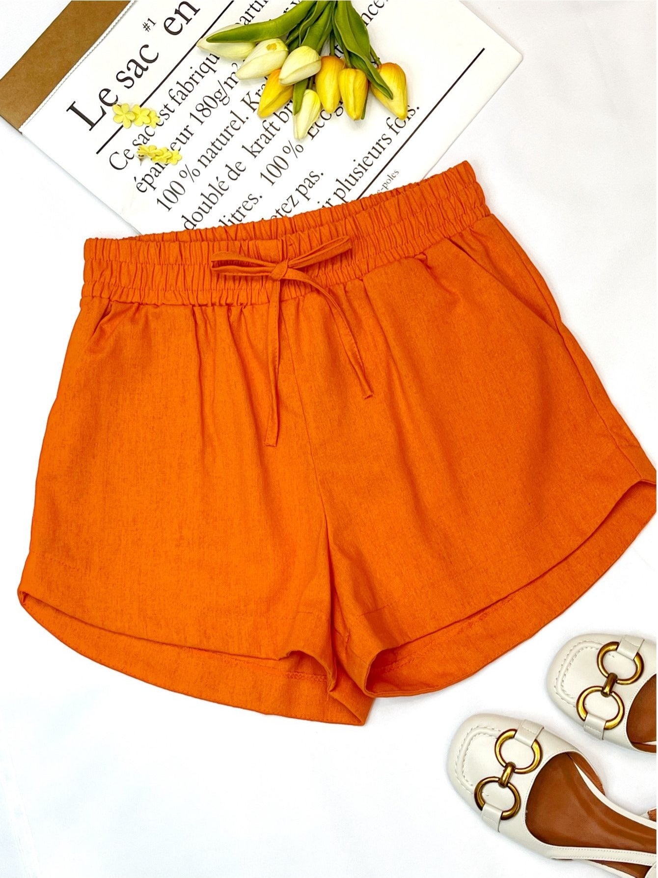 Shorts Feminino Linho Cintura Alta Elástica com Amarração Casual