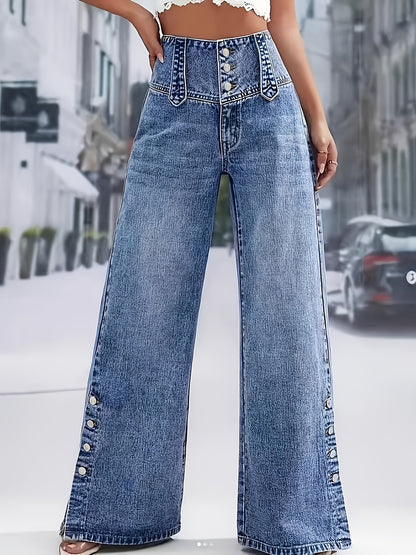Calça Jeans Pantalona Vintage Cintura Alta com Botões Frontais