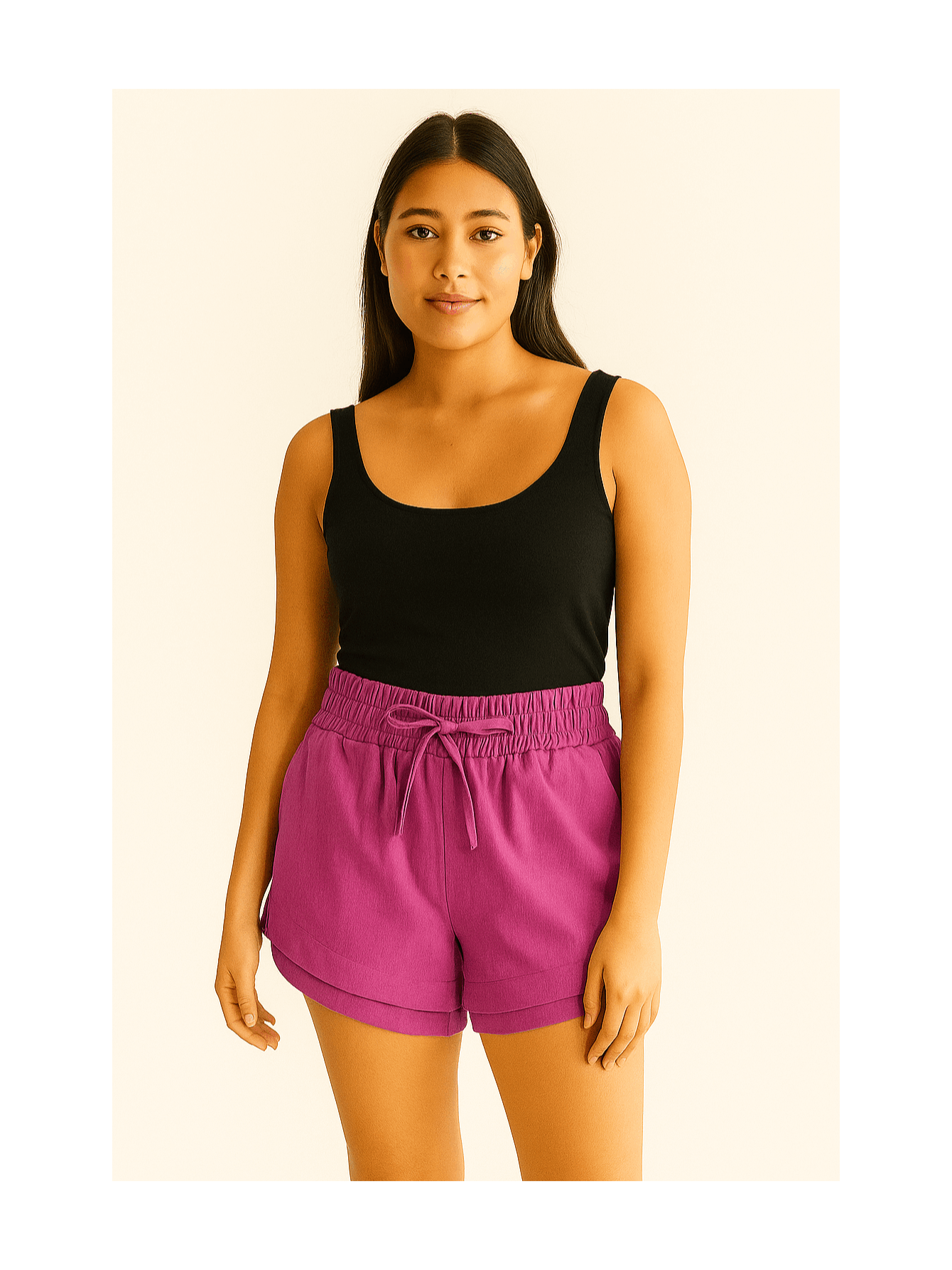 Shorts Feminino Linho Cintura Alta Elástica com Amarração Casual