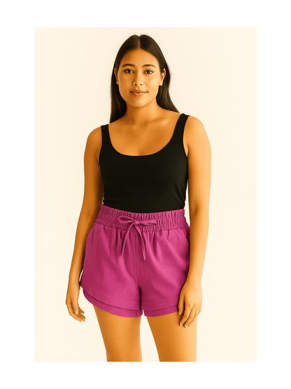 Shorts Feminino Linho Cintura Alta Elástica com Amarração Casual