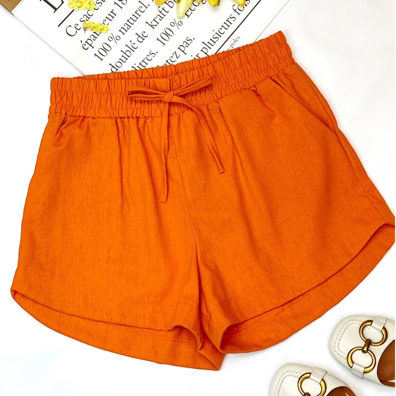 Shorts Feminino Linho Cintura Alta Elástica com Amarração Casual