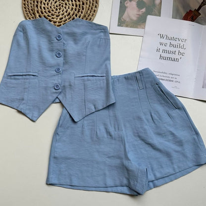 Conjunto Feminino Alfaiataria Top Cropped e Shorts com Pregas Casual