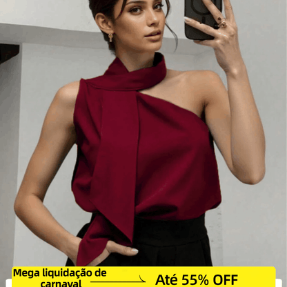 Blusa Feminina Ombro Único com Laço Ajustável Cetim Elegante Festa