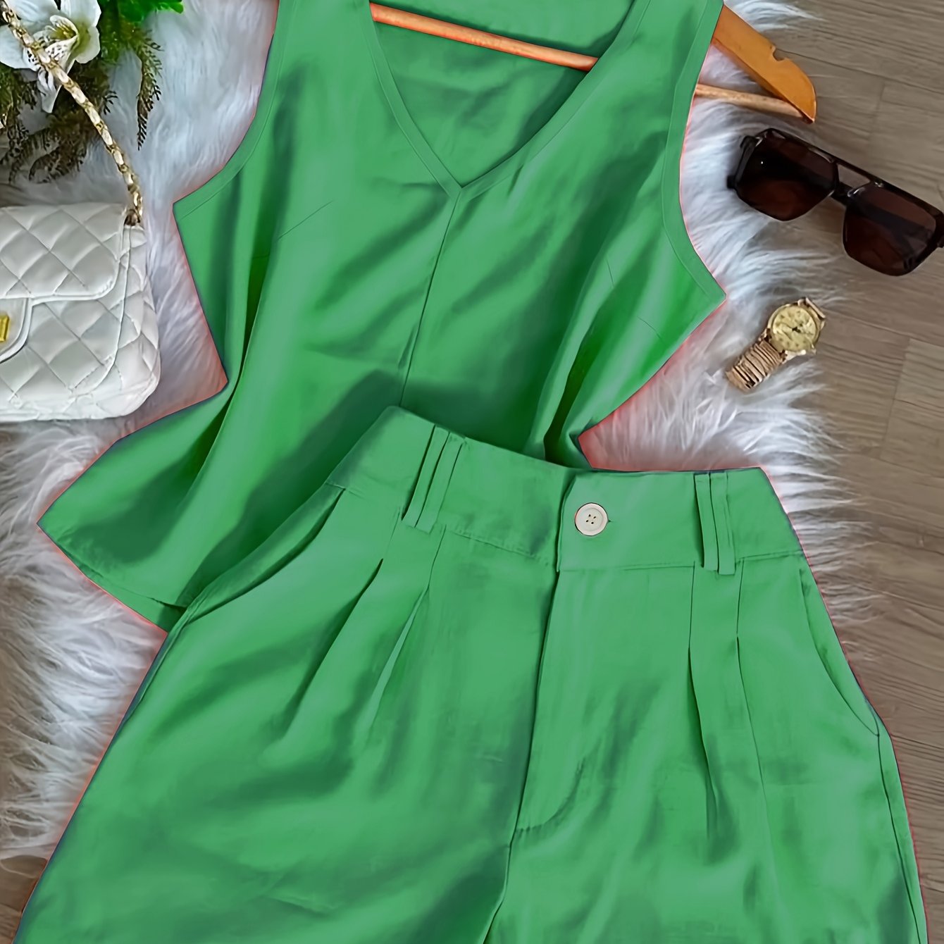 Conjunto Feminino Regata Decote V e Shorts Alfaiataria Casual Verão