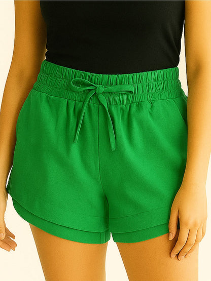 Shorts Feminino Linho Cintura Alta Elástica com Amarração Casual