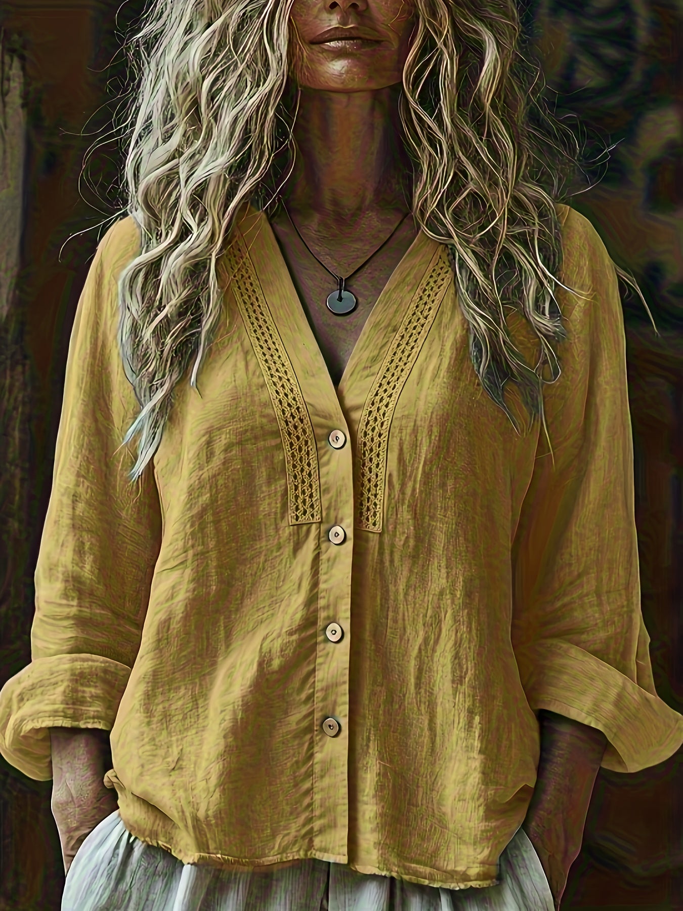 Blusa Feminina Linho Manga 3/4 Decote V com Bordado e Botões Elegante