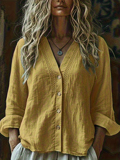 Blusa Feminina Linho Manga 3/4 Decote V com Bordado e Botões Elegante