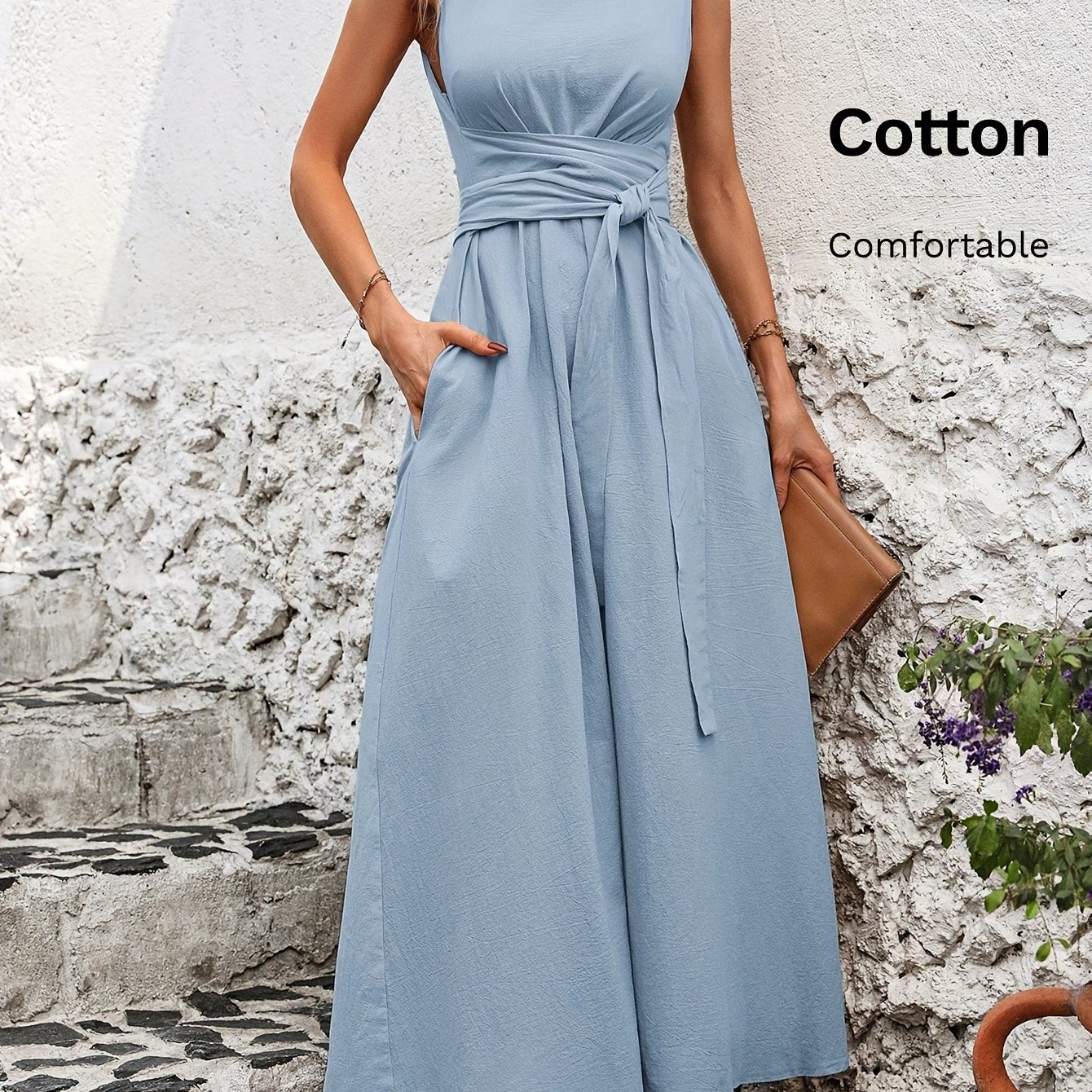 Vestido Casual Sem Mangas com Amarração nas Costas em Cor Sólida
