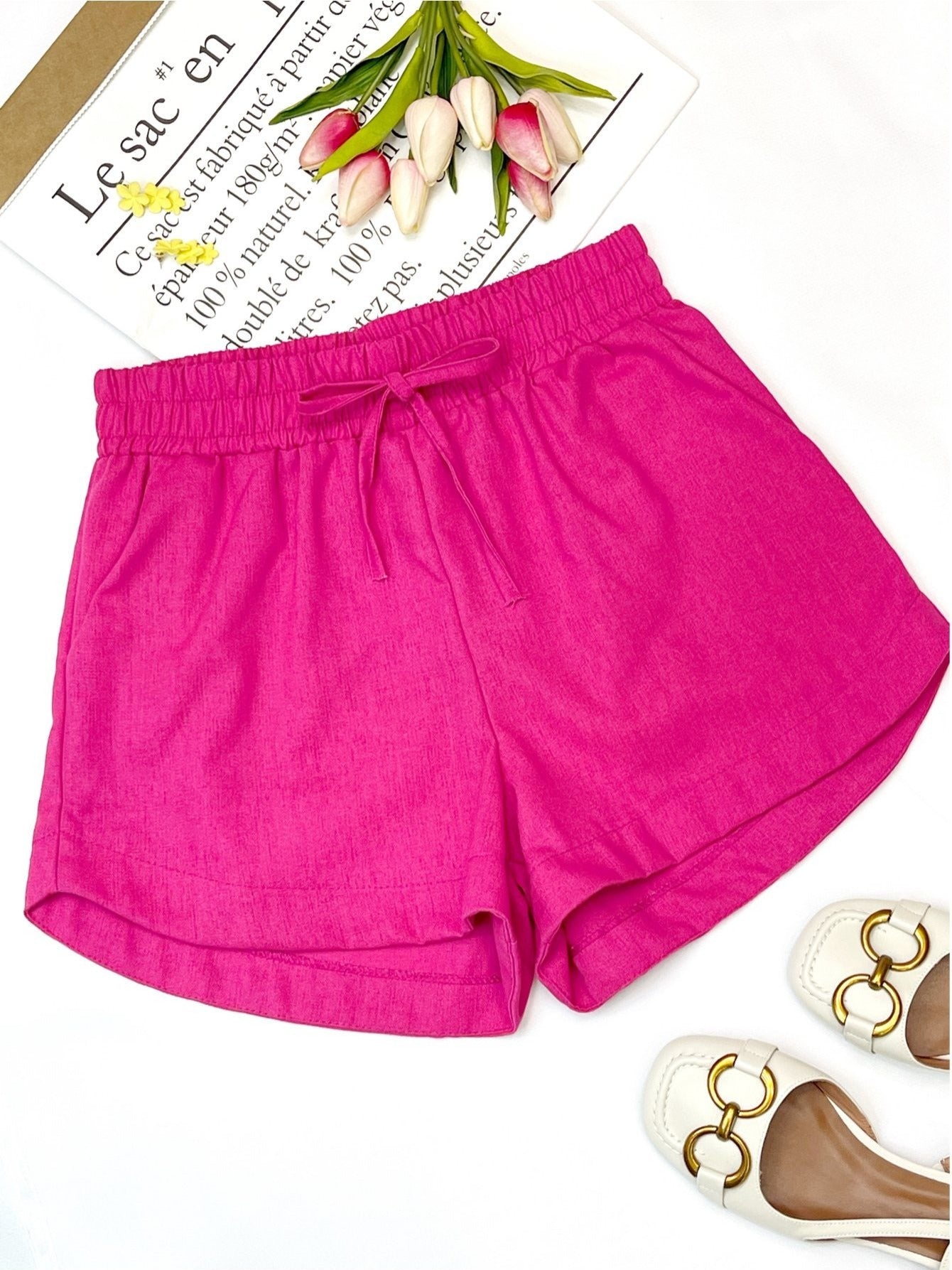 Shorts Feminino Linho Cintura Alta Elástica com Amarração Casual