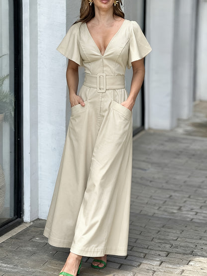 Vestido Comprido de Cor Sólida com Decote em V, Folhos, Cintura Ajustada e Bolsos