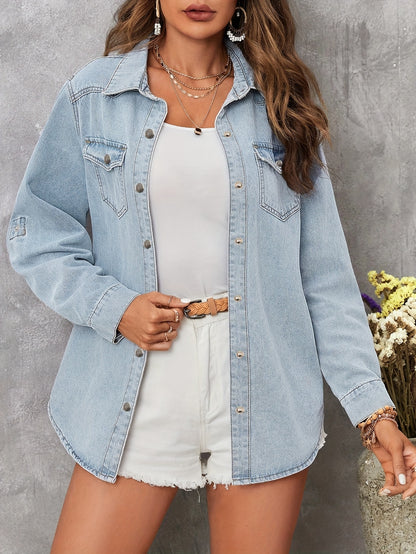 Camisa Jeans Feminina Manga Longa com Bolsos Frontais Casual