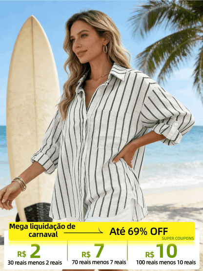 Camisa Feminina Linho Listrada Manga 3/4 Oversized com Bolsos Casual
