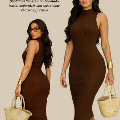 Vestido Midi Tubinho Gola Alta Sem Mangas Canelado Elegante