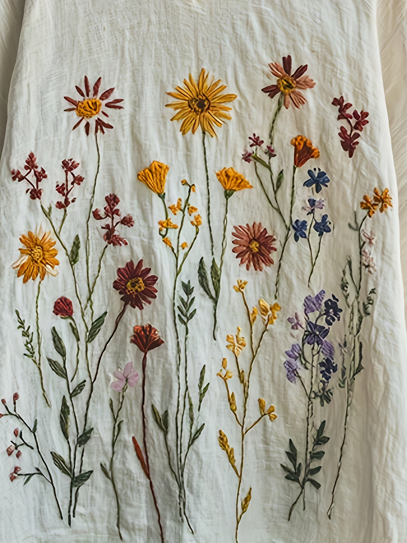 Blusa Feminina Linho Bordado Floral Manga 3/4 Decote V Oversized