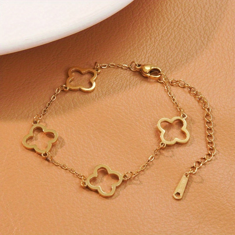 Kit 2 Pulseiras Femininas Aço Inoxidável Trevo Zircônia Banho Ouro 18K Elegante