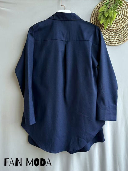 Conjunto Feminino Linho Camisa Manga Longa e Shorts Cintura Elástica Casual