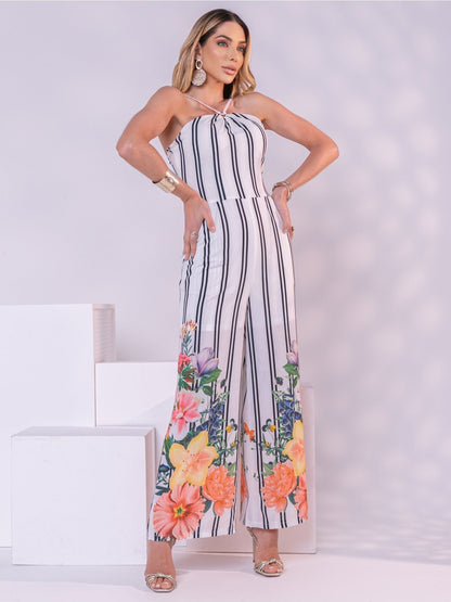 Macacão Feminino Listrado Floral Alça Única Perna Larga Elegante