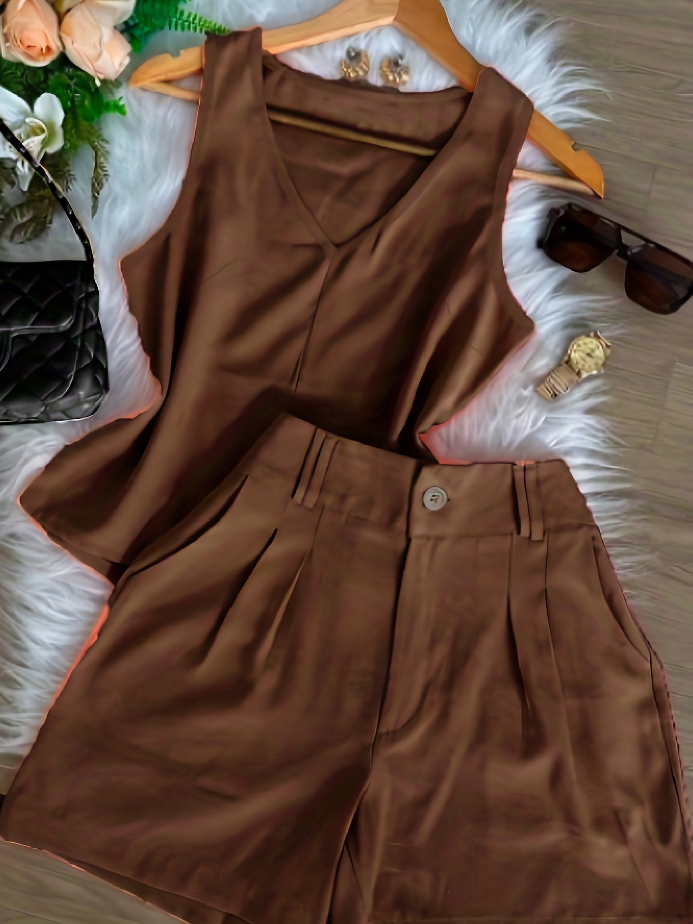 Conjunto Feminino Regata Decote V e Shorts Alfaiataria Casual Verão