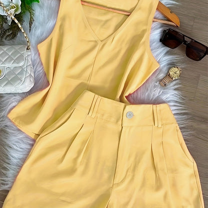 Conjunto Feminino Regata Decote V e Shorts Alfaiataria Casual Verão