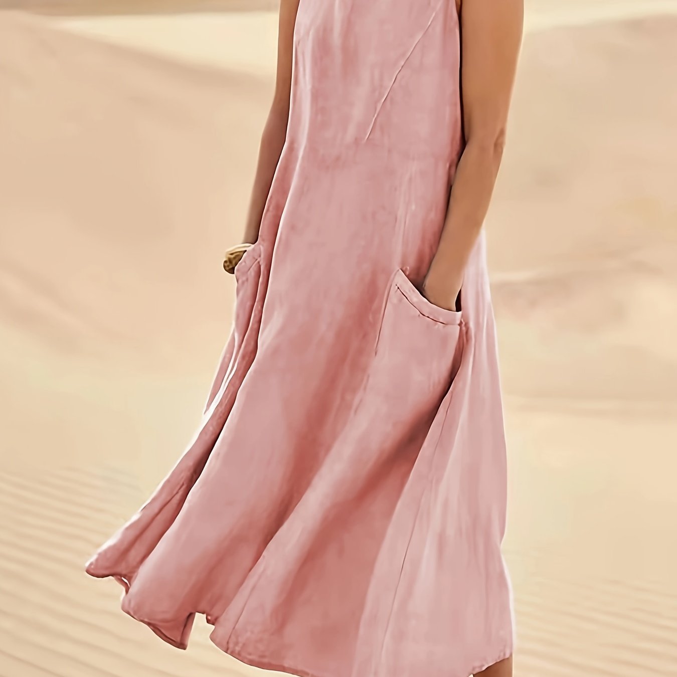 Vestido Longo Linho Casual com Bolsos Decote Redondo Sem Mangas