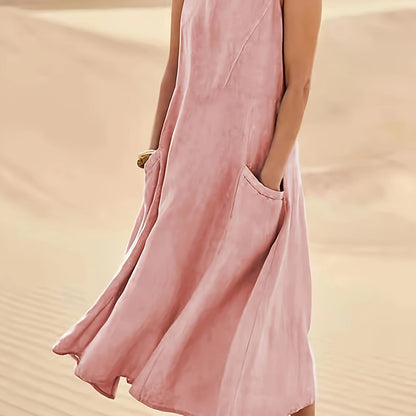 Vestido Longo Linho Casual com Bolsos Decote Redondo Sem Mangas