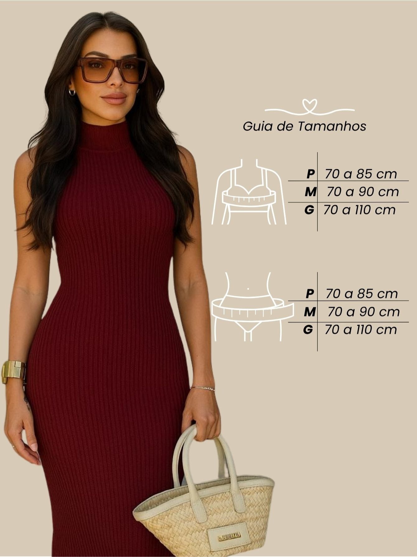 Vestido Midi Tubinho Gola Alta Sem Mangas Canelado Elegante