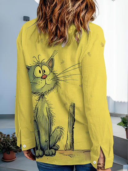 Camisa Feminina Manga Longa Estampa Gato Cinza Casual Oversized
