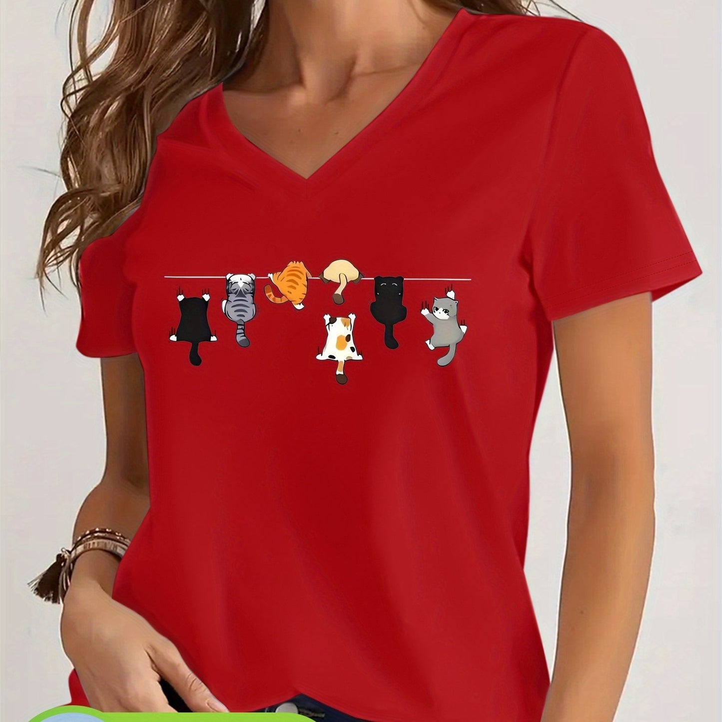 Camiseta Feminina Algodão Decote V Estampa Gatos Divertida Casual