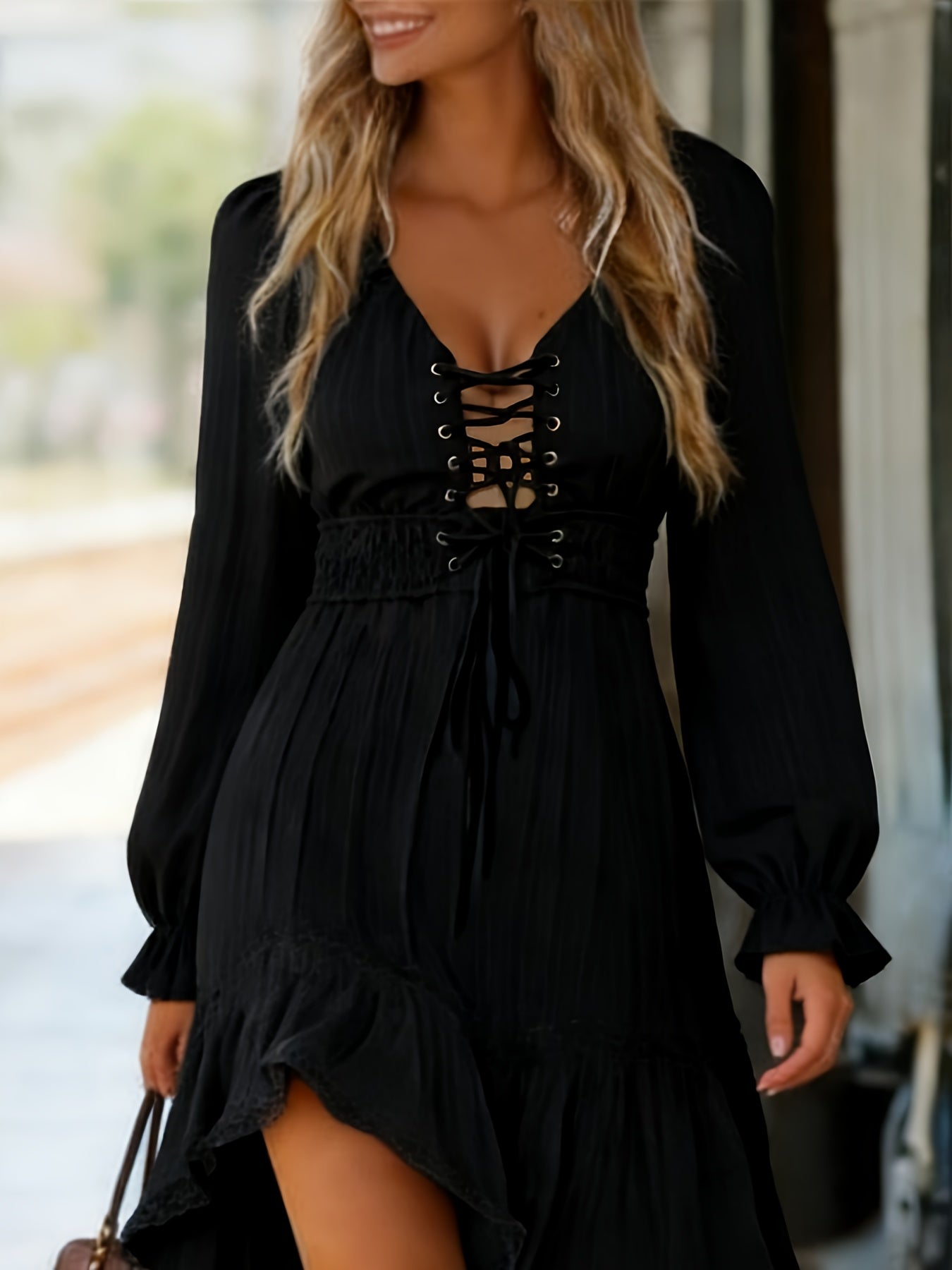Vestido Feminino Midi Bege Manga Longa Decote V Assimétrico Amarração Cintura Primavera Outono