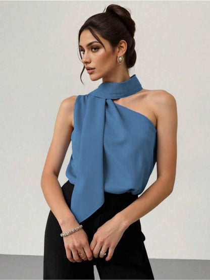 Blusa Feminina Ombro Único com Laço Ajustável Cetim Elegante Festa
