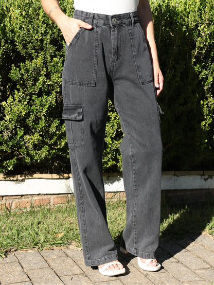 Calça Cargo Feminina Pantalona com Bolsos Laterais e Zíper