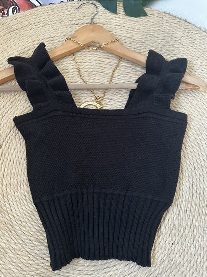 Top Cropped Tricot Feminino com Babados nas Alças Canelado Elegante