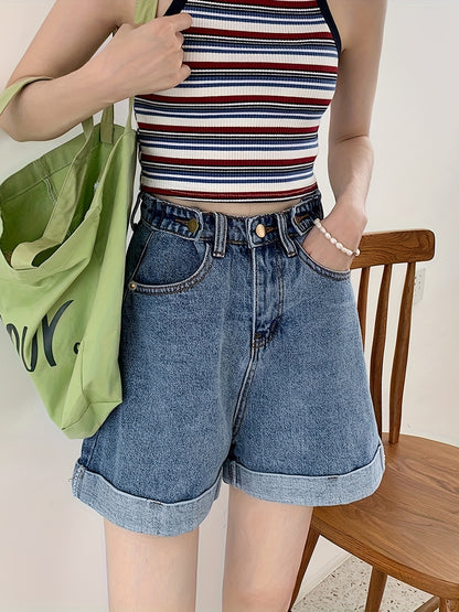Shorts Jeans Feminino Cintura Alta Perna Larga com Barra Dobrada Casual