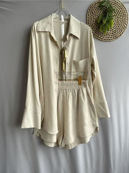 Conjunto Feminino Linho Camisa Manga Longa e Shorts Cintura Elástica Casual