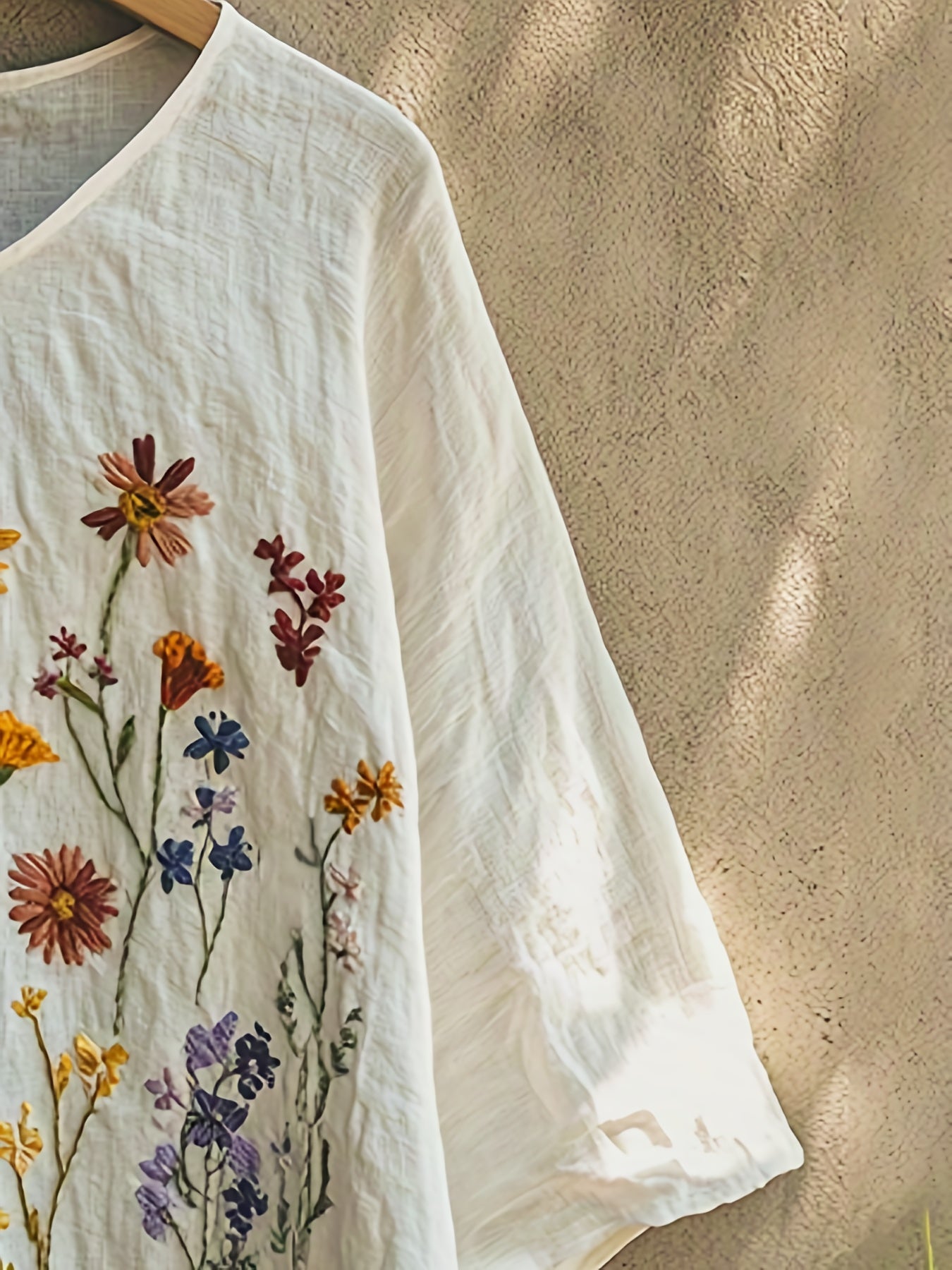 Blusa Feminina Linho Bordado Floral Manga 3/4 Decote V Oversized