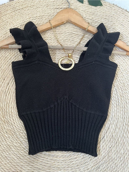 Top Cropped Tricot Feminino com Babados nas Alças Canelado Elegante