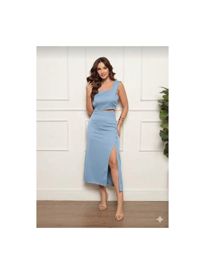 Conjunto Feminino Alfaiataria Top Cropped e Saia Midi com Fenda e Botões