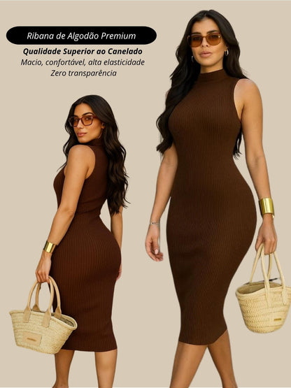 Vestido Midi Tubinho Gola Alta Sem Mangas Canelado Elegante