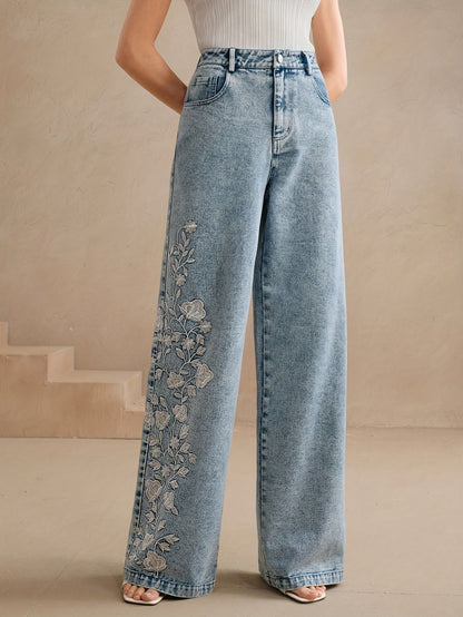 Calça Jeans Wide Leg Bordada com Elastano