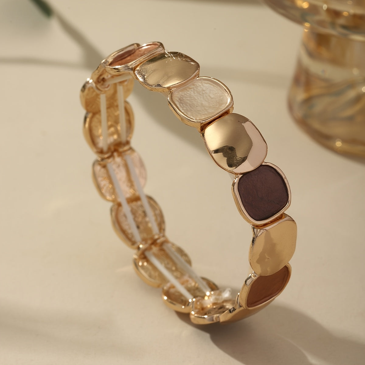 Pulseira Unissex Vintage Elegante Liga Zinco Dourada Elástica Quadrado Irregular