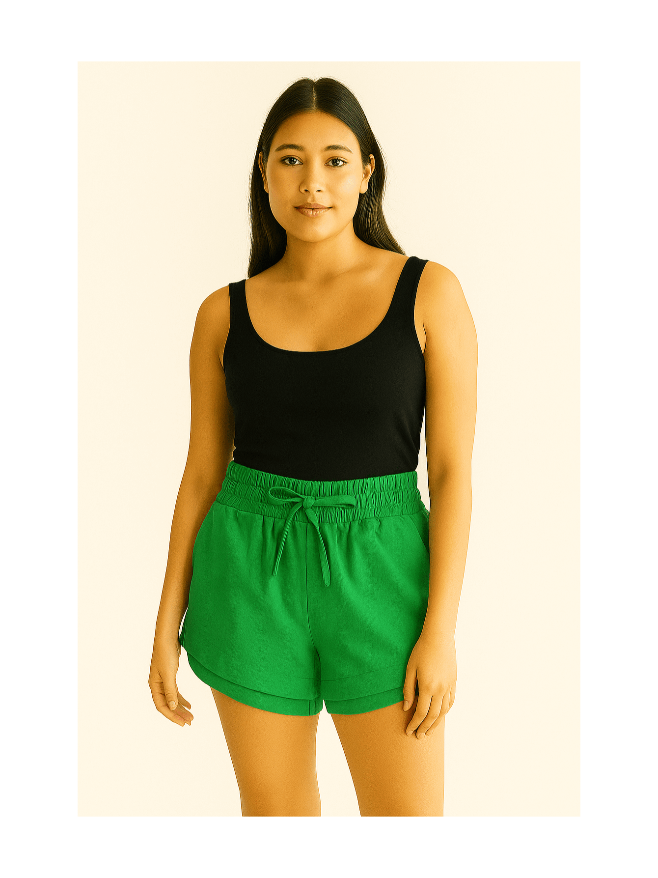 Shorts Feminino Linho Cintura Alta Elástica com Amarração Casual