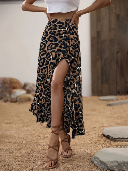 Saia Midi Animal Print Onça com Fenda Lateral Transpassada Elegante