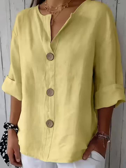 Blusa Feminina Linho Manga 3/4 com Botões Frontais Decote V Casual