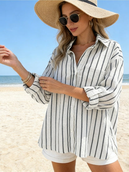 Camisa Feminina Linho Listrada Manga 3/4 Oversized com Bolsos Casual