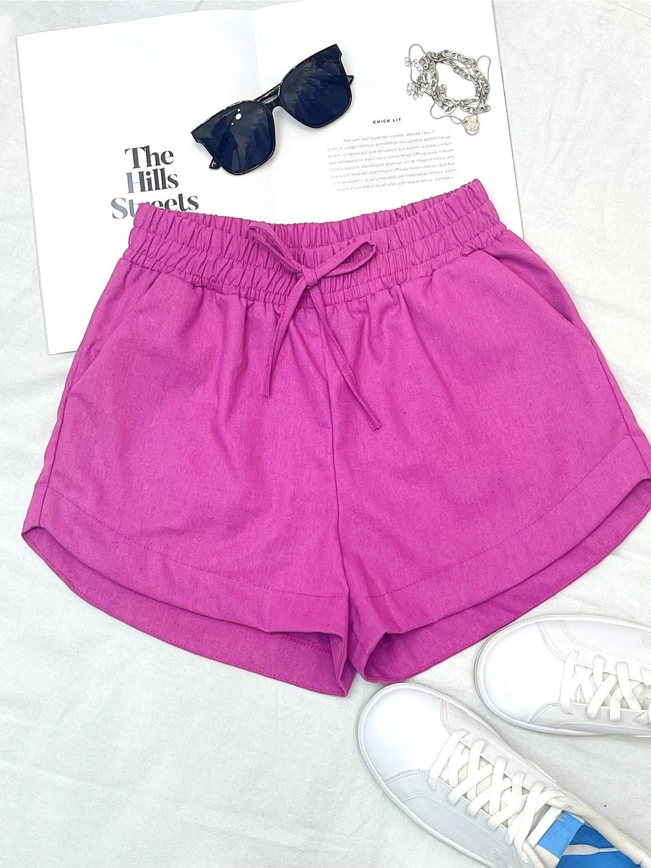 Shorts Feminino Linho Cintura Alta Elástica com Amarração Casual